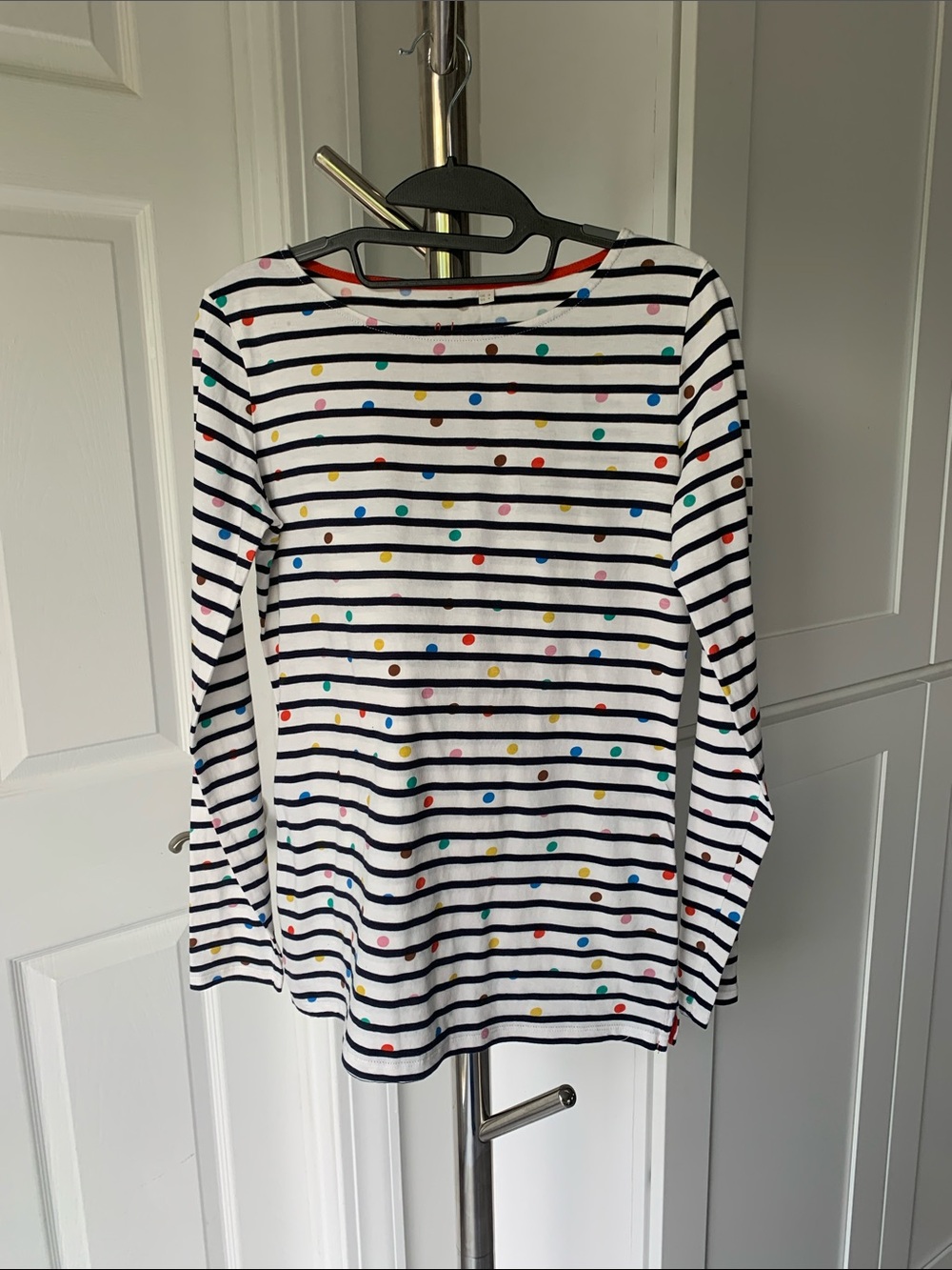 Boden Women’s White Stripe Tee with Multicolor Dot Print, Size US 4.